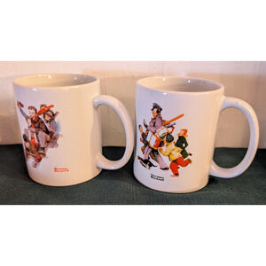 Norman Rockwell Mugs Pair of 2 Jolly Postman & Kids Sledding MSRF Design Studio